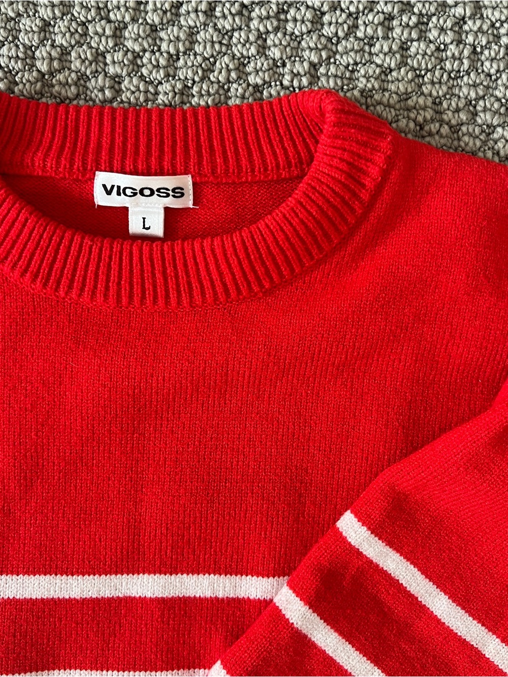 Red and White Striped Crewneck Sweater with Neck Ribbing size large - Picture 2 of 7